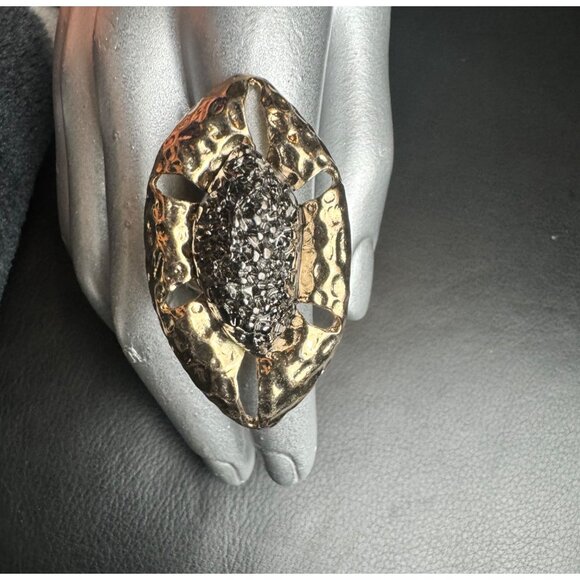 Handcrafted Hammered Brass & Black Crystals Adjustable Statement Ring Unique Boh - Picture 2 of 5
